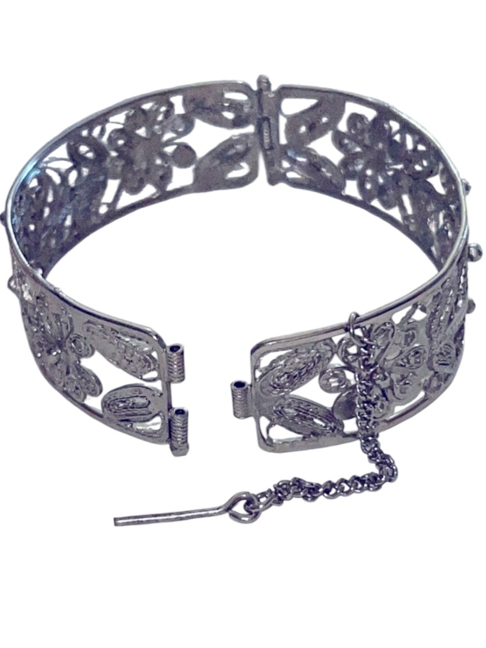 Vintage Silver Tone Filigree Bangle Bracelet with Safety Chain Fancy Clasp